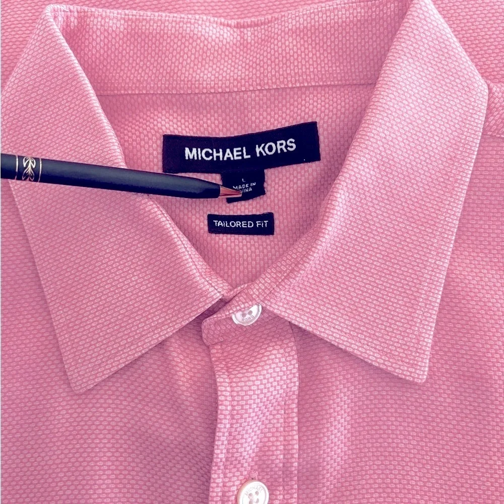 Michael Kors Pink Button Down Shirt Men LARGE Tailored Fit Long Sleeve Textured